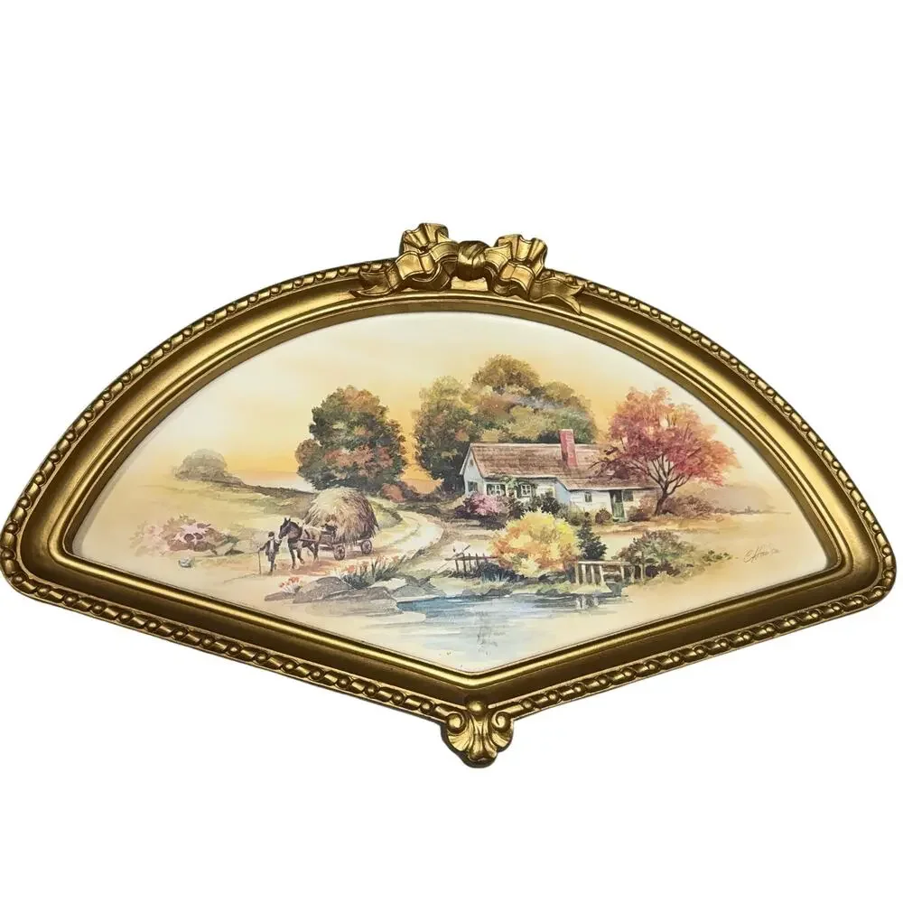 VTG 1980’s Homco Fan Shaped Gold Frame Autumn Harvest Farm Picture Art 10